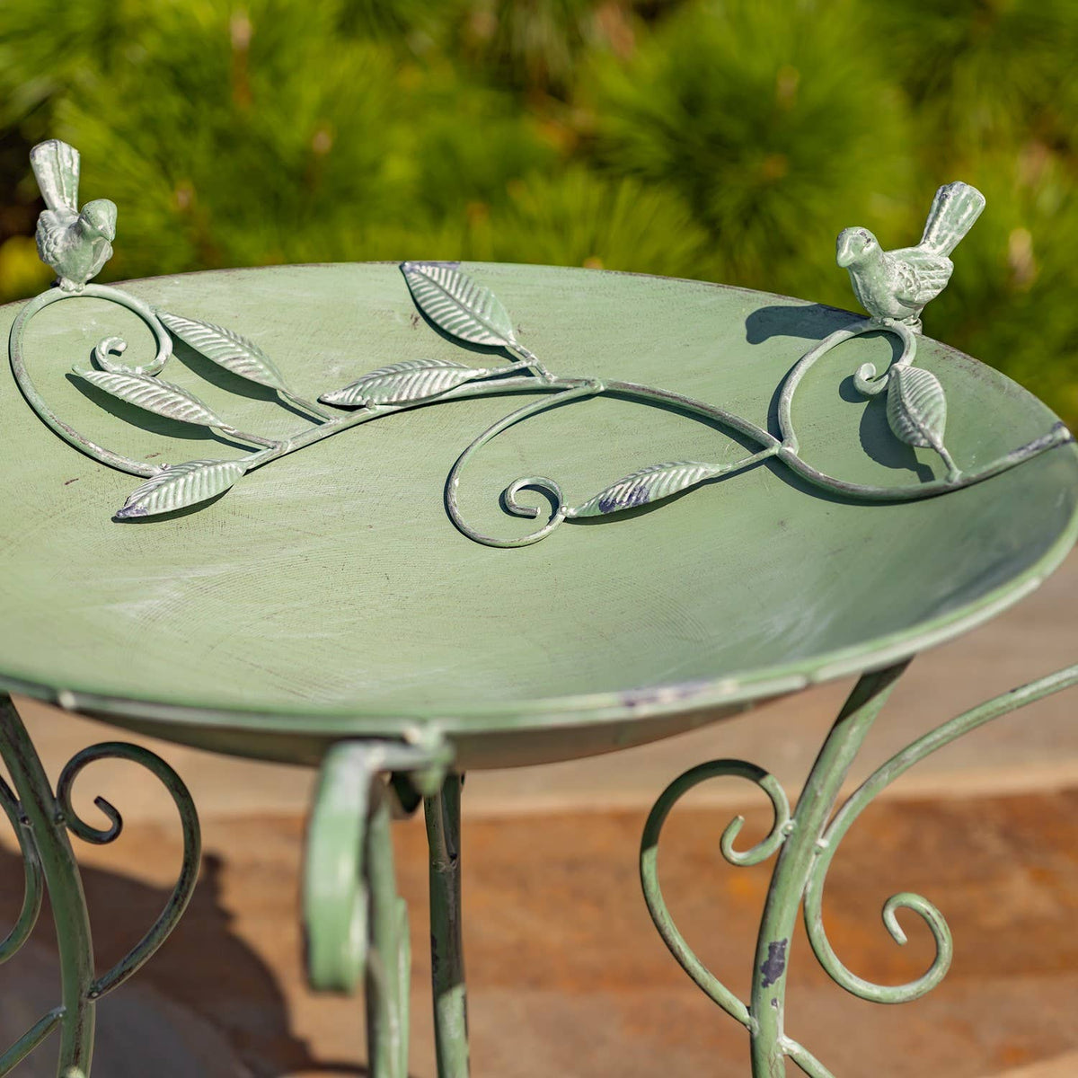 “Rome 1945” 23" Tall Iron Birdbath with Porcelain Accent: Cobalt Blue