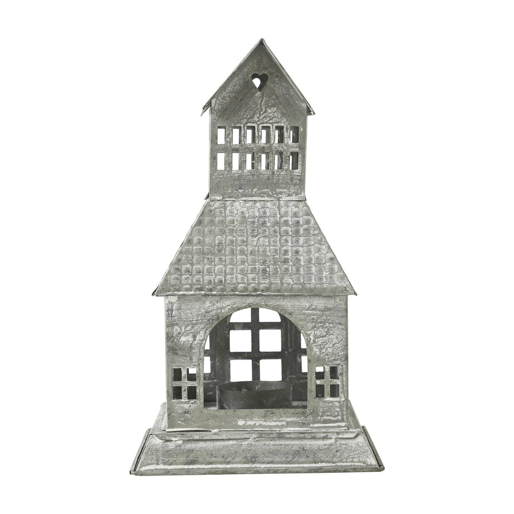 Metal Village House Tealight Holder Tall 9.5" Antique Grey