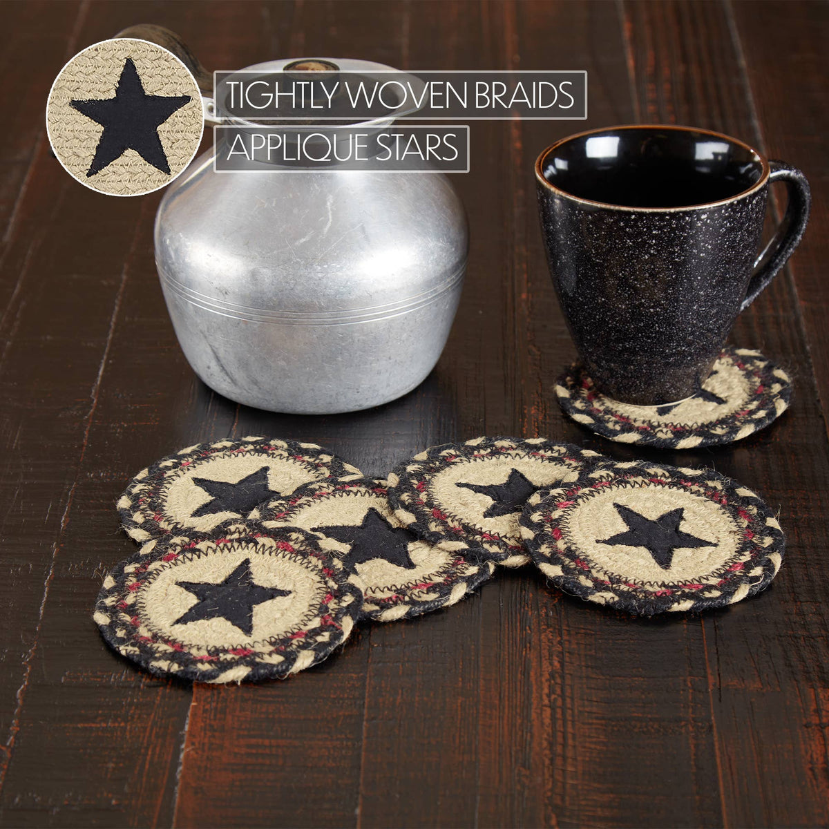 Star Braided Jute Coasters 4" Set of 6 Colonial Star