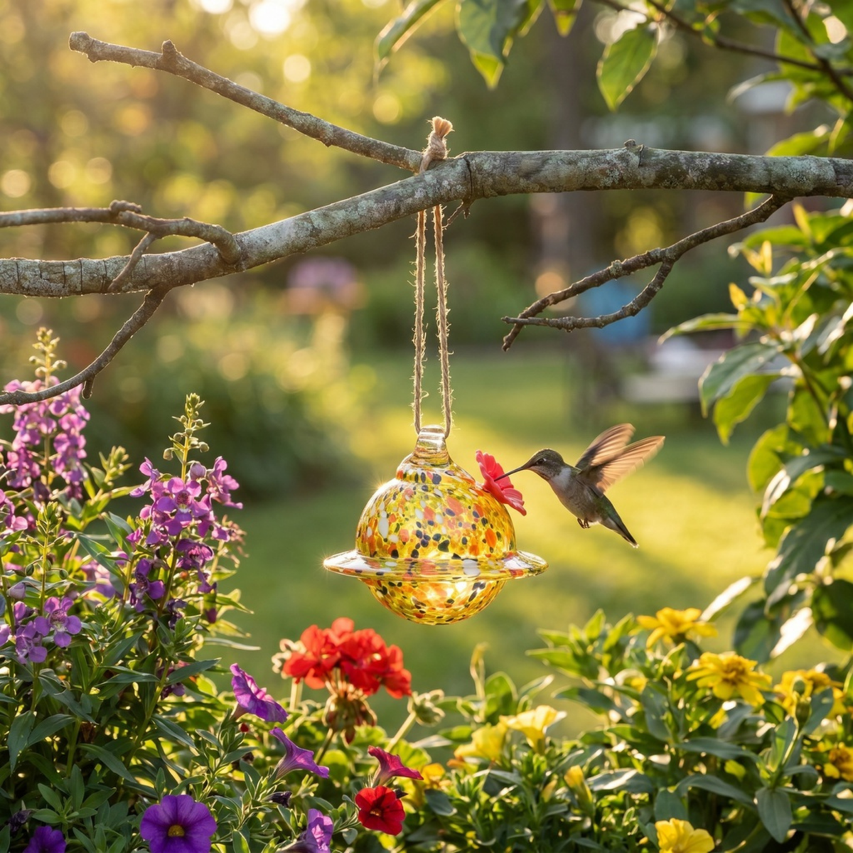 Yellow Planet Art Glass Hummingbird Feeder