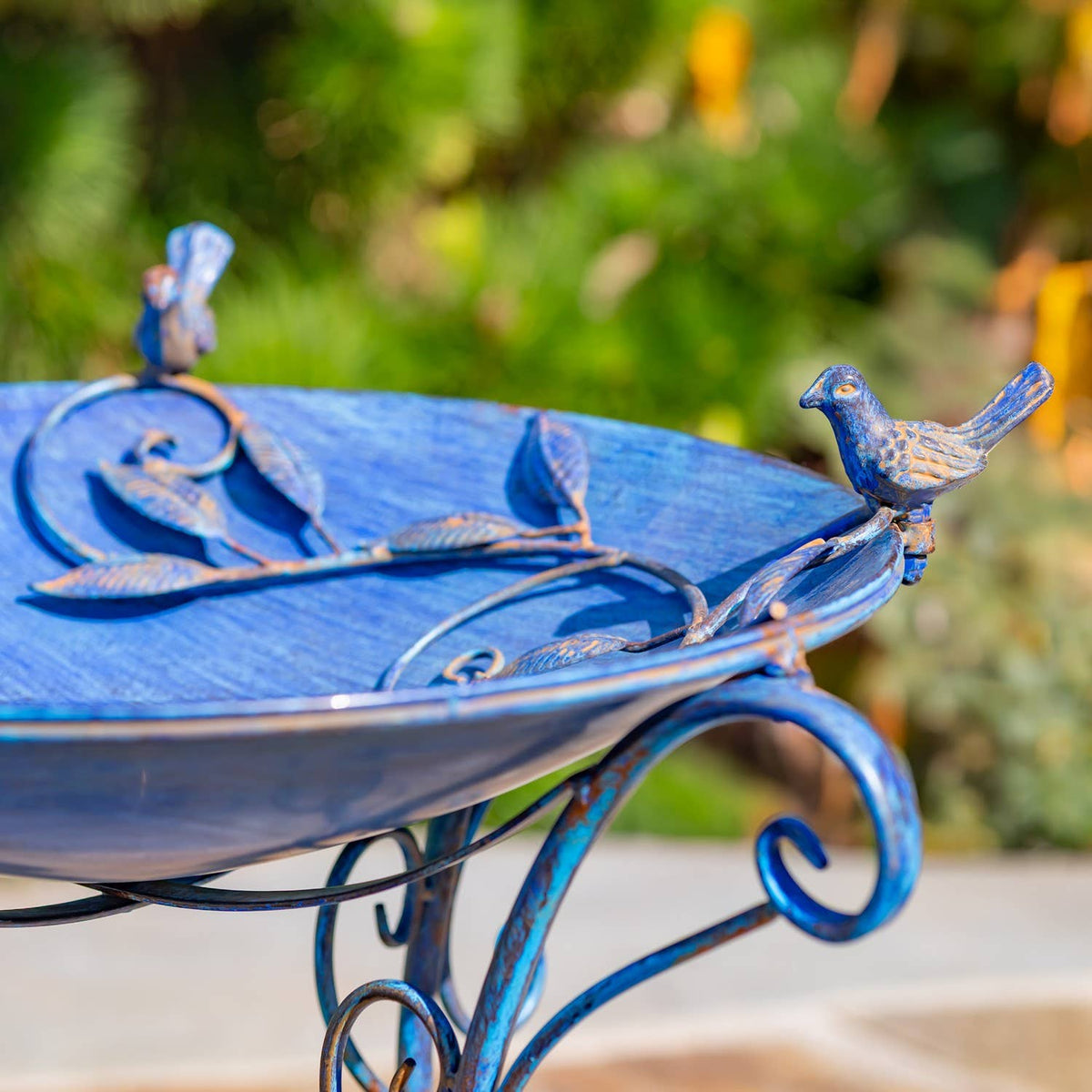 “Rome 1945” 23" Tall Iron Birdbath with Porcelain Accent: Cobalt Blue