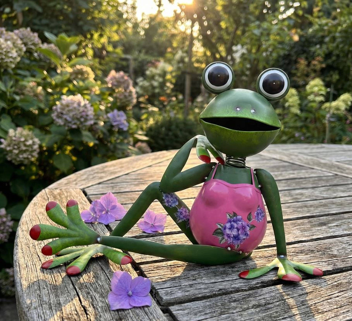 Outdoor Metal Frog Statue Wearing Pink Swimwear Lounging