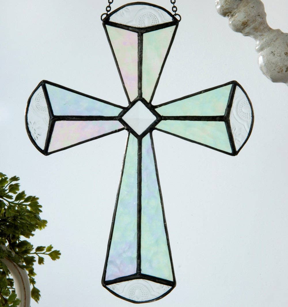 Clear Iridescent Stained Glass Cross Ornament