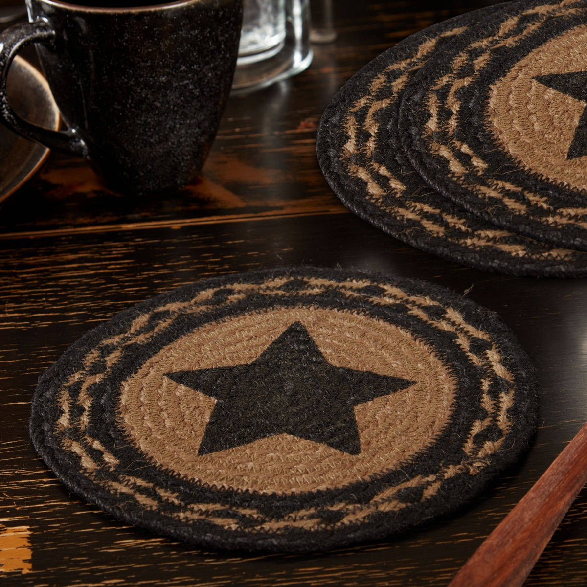 Black Star Braided Jute Trivets 8 Inch Set of 3 – Farmhouse