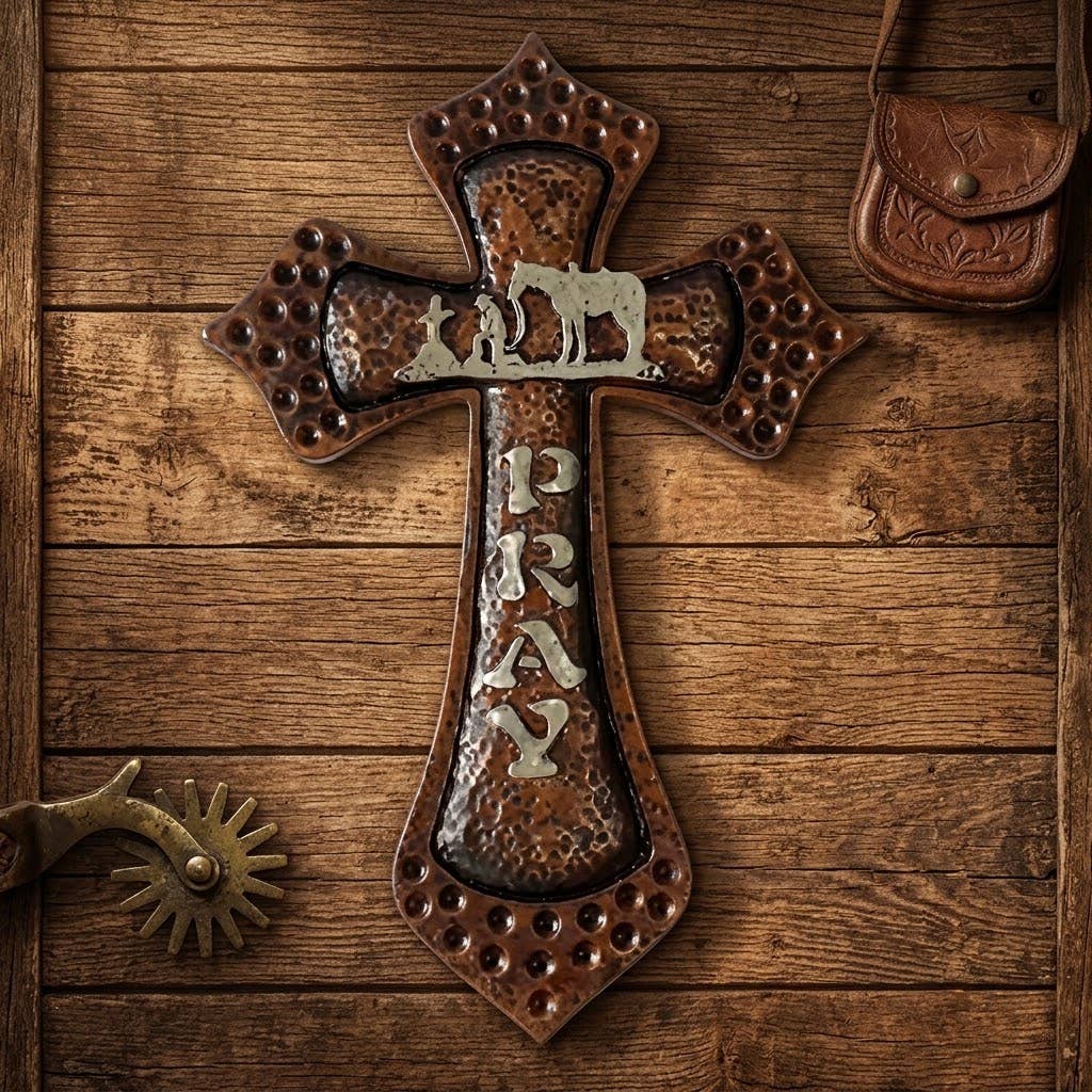 POLYRESIN WALL CROSS YC1324-  COWBOY PRAY