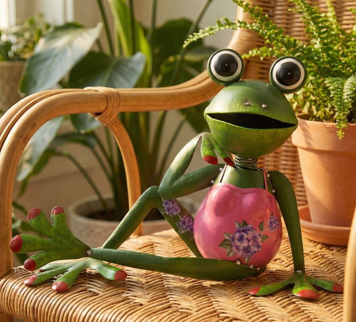 Outdoor Metal Frog Statue Wearing Pink Swimwear Lounging
