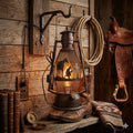 METAL CUTOUT PRAYING COWBOY ELECTRIC LANTERN WITH HANDLE
