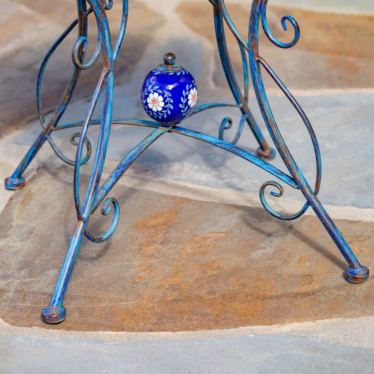 “Rome 1945” 23" Tall Iron Birdbath with Porcelain Accent: Cobalt Blue