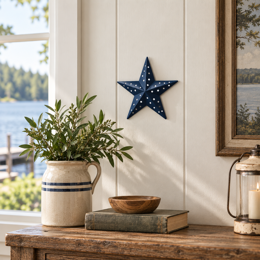 Navy punched metal star, 6 by 6 inches