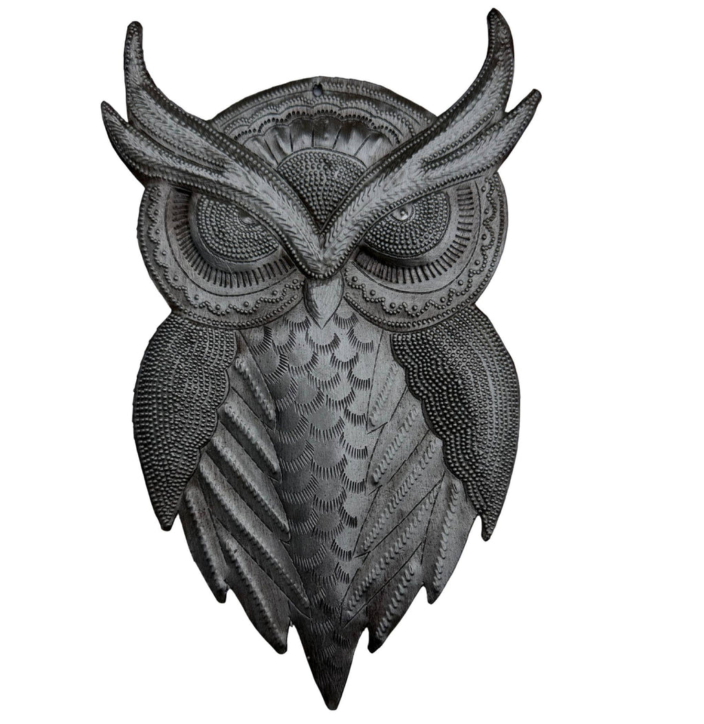 Haitian Metal Owl Wall Art Steel Drum Sculpture Handcrafted