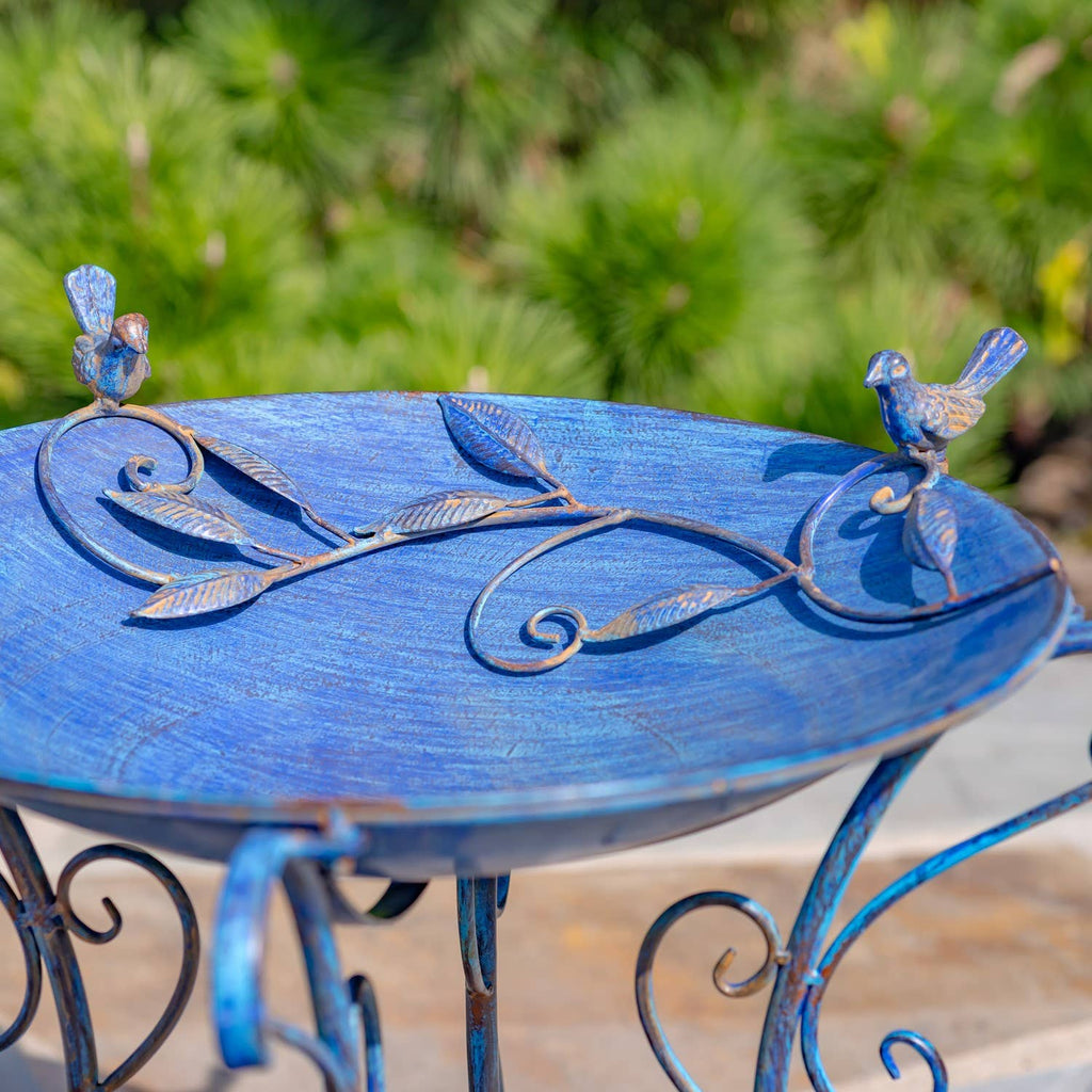 “Rome 1945” 23" Tall Iron Birdbath with Porcelain Accent: Cobalt Blue