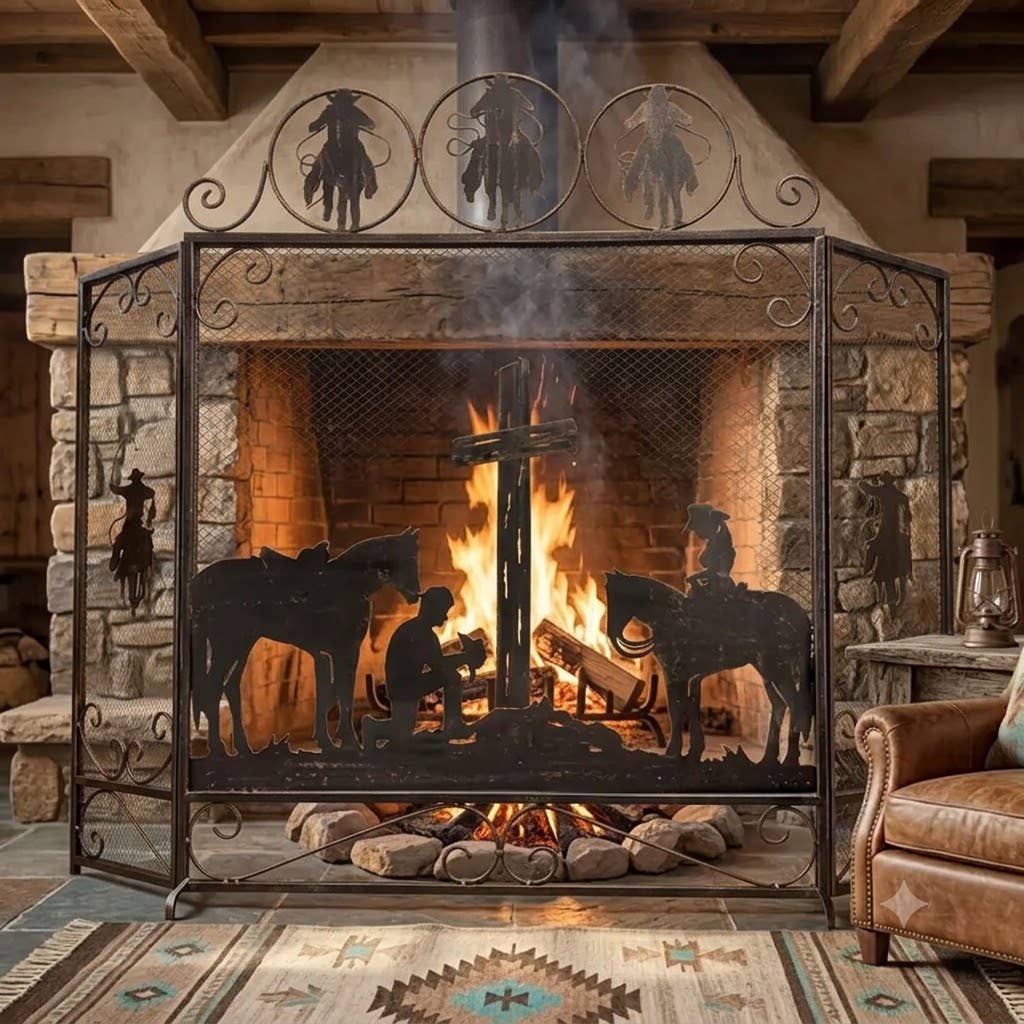 Praying Cowboy Metal Fireplace Screen — 3 Panel