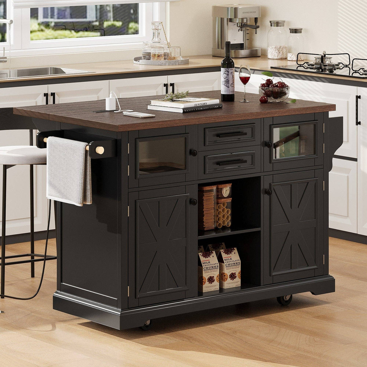 54.9" Kitchen Island with Drop Leaf, Power Outlet, 4 Doors: Default