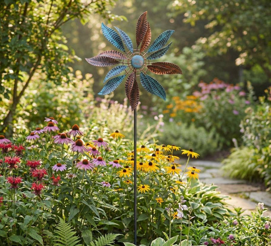 Kinetic Copper and Blue Wind Spinner Garden Stakes: Notch