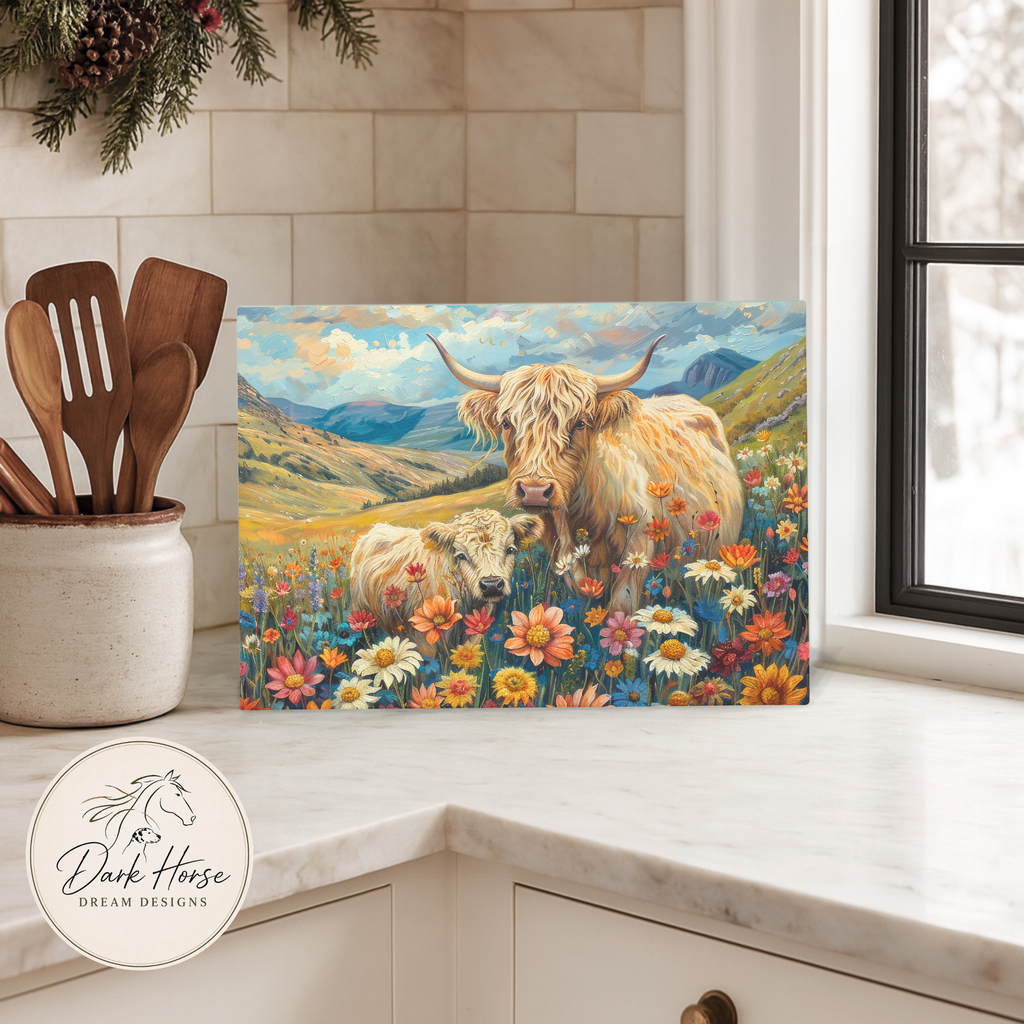 Mom and Baby Highland Cow in Garden - Glass Cutting Board