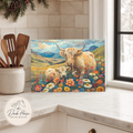 Mom and Baby Highland Cow in Garden - Glass Cutting Board