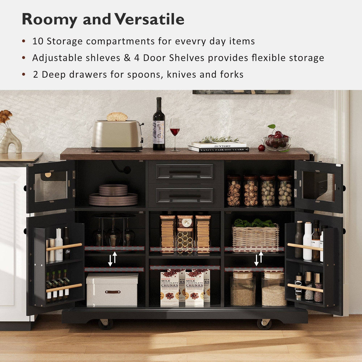 54.9" Kitchen Island with Drop Leaf, Power Outlet, 4 Doors: Default