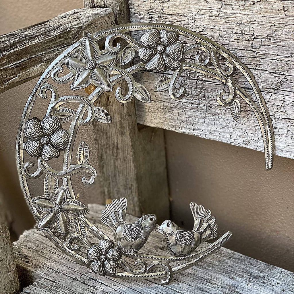 Moon with Flowers and Birds, Metal Wall Art 12" x 12"