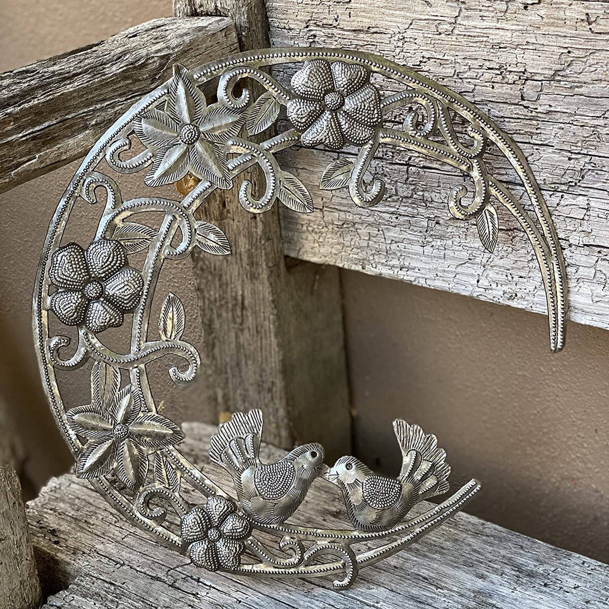 Moon with Flowers and Birds, Metal Wall Art 12" x 12"