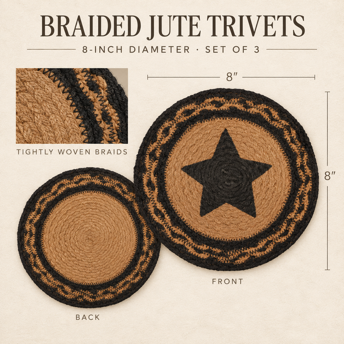 Black Star Braided Jute Trivets 8 Inch Set of 3 – Farmhouse