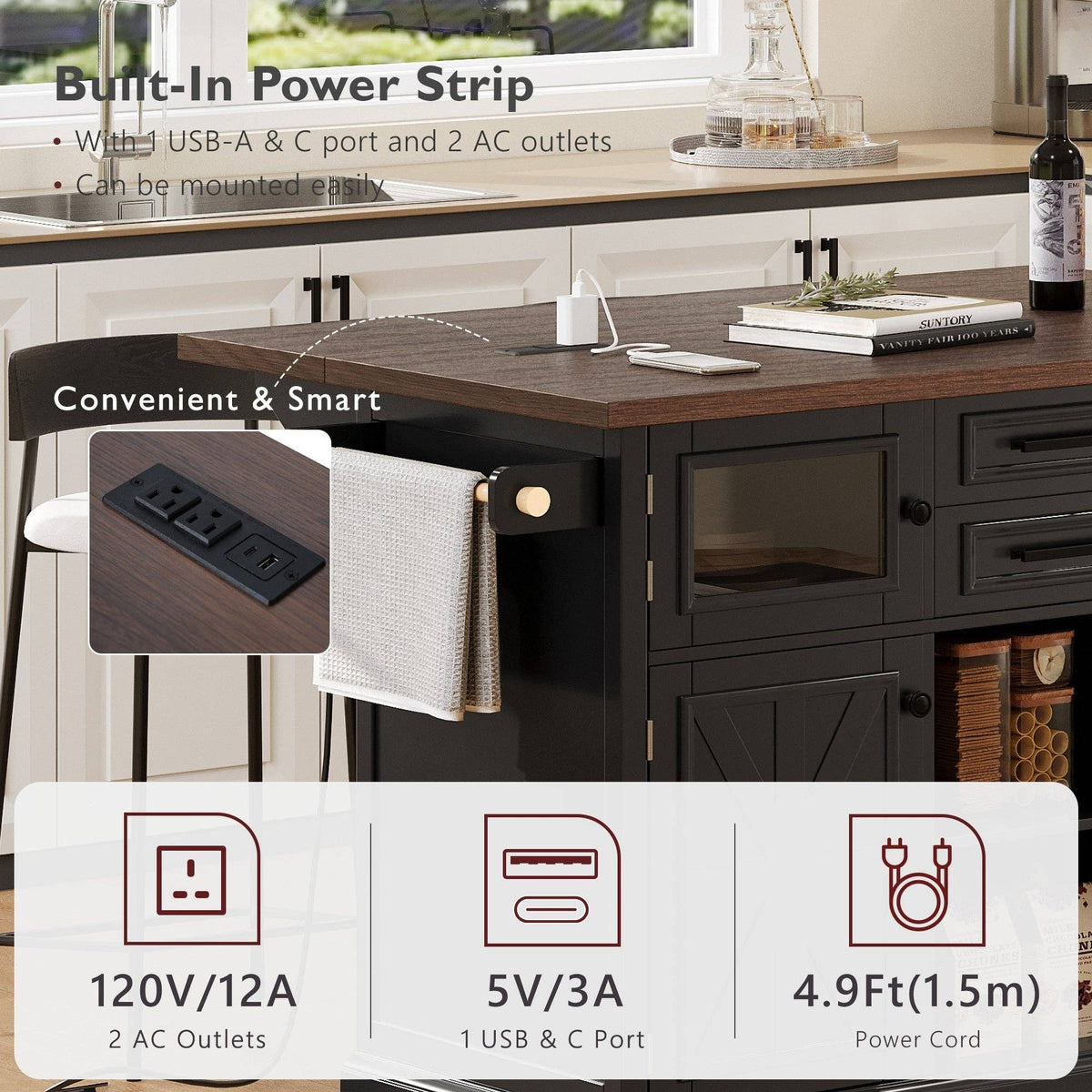 54.9" Kitchen Island with Drop Leaf, Power Outlet, 4 Doors: Default