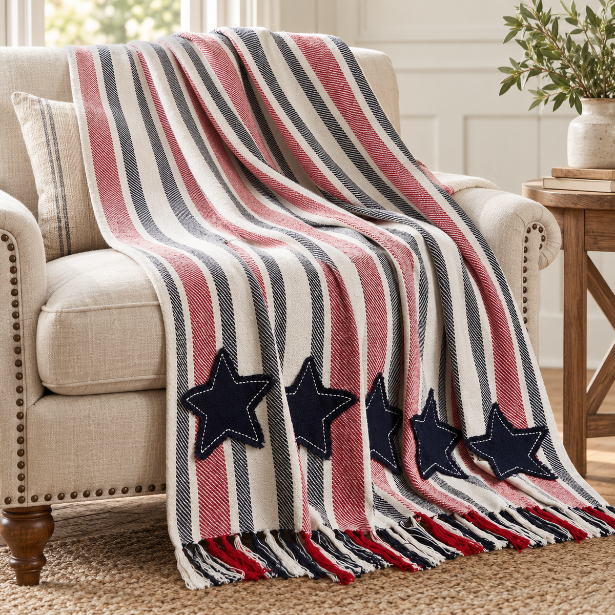 Americana Red White Blue Stripe Throw Blanket 50x60