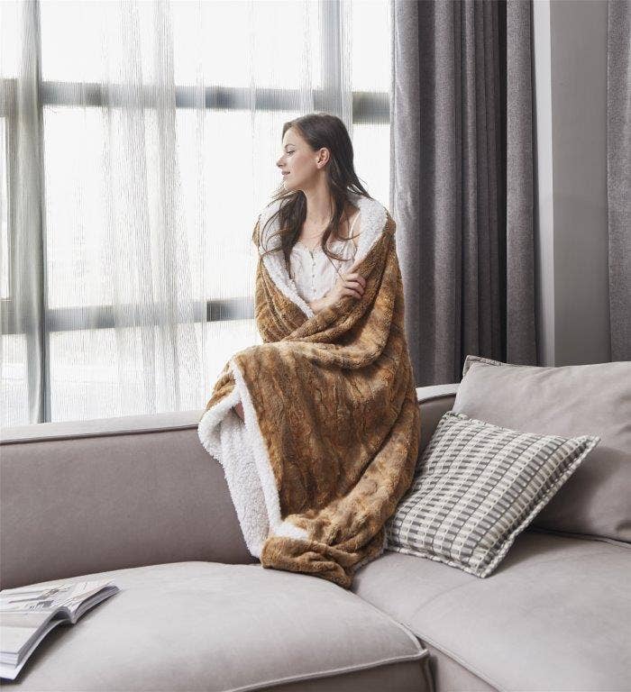 "Cedar Bark" Faux Fur Plush Hooded Throw Blanket