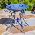 “Rome 1945” 23" Tall Iron Birdbath with Porcelain Accent: Cobalt Blue