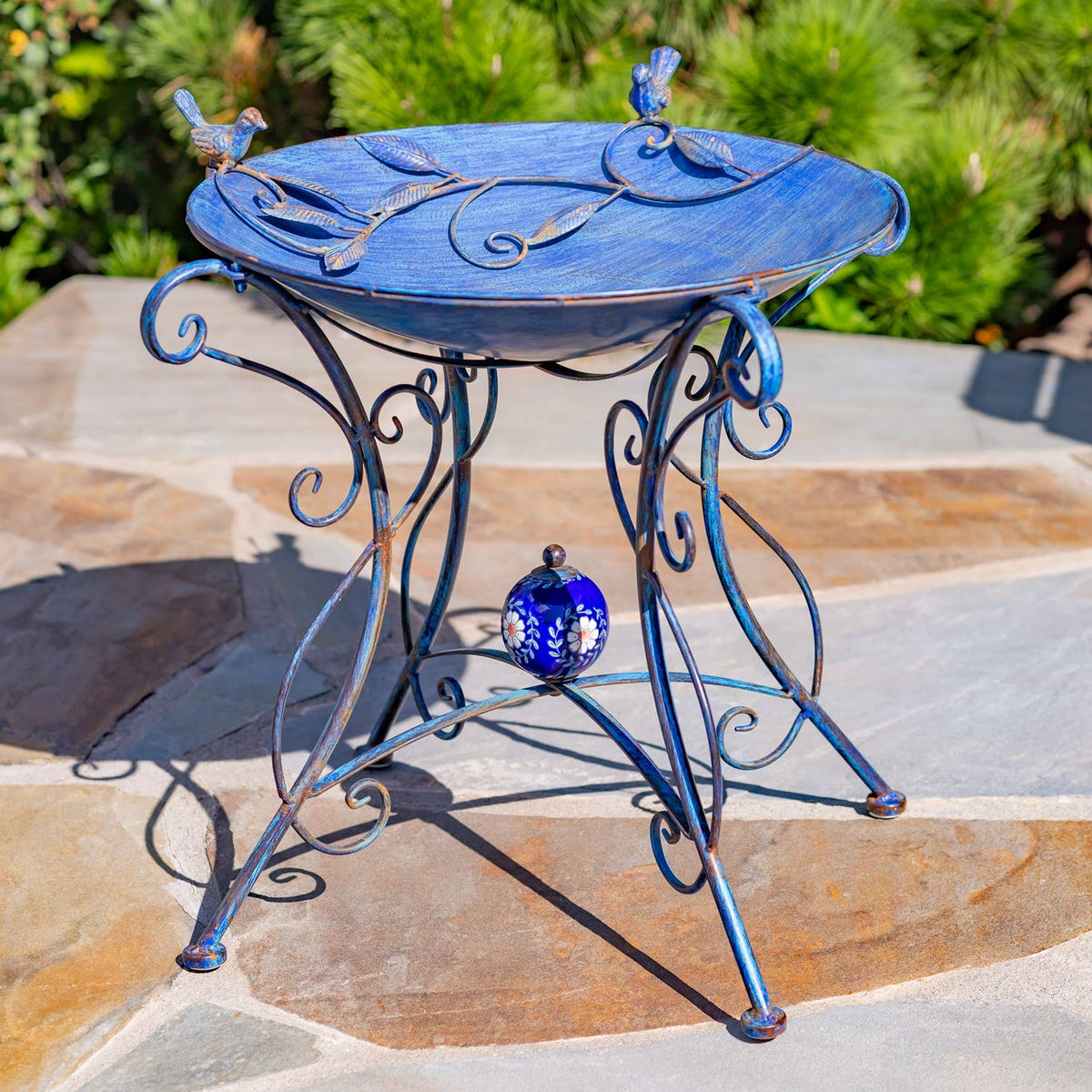 “Rome 1945” 23" Tall Iron Birdbath with Porcelain Accent: Cobalt Blue