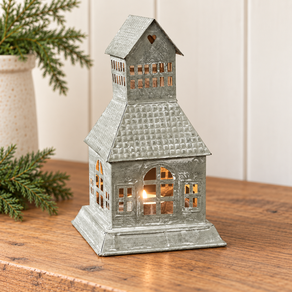 Metal Village House Tealight Holder Tall 9.5" Antique Grey