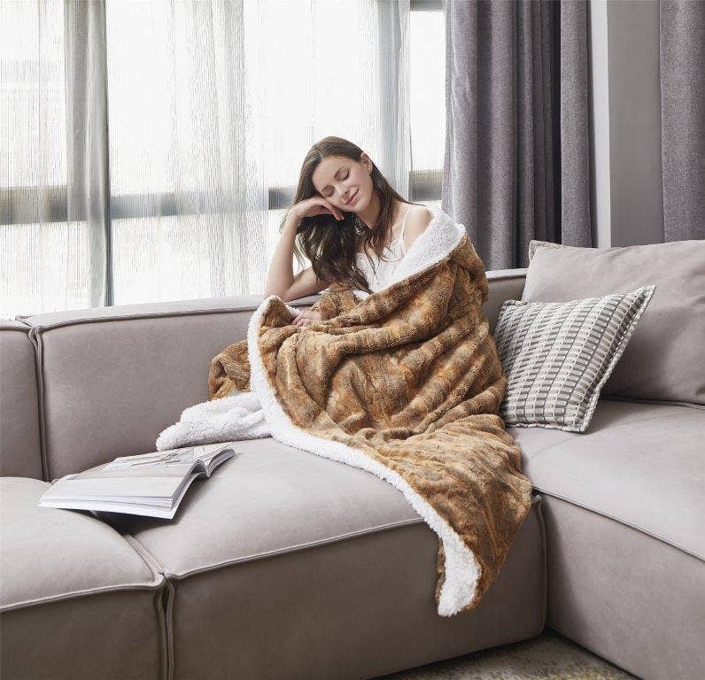 "Cedar Bark" Faux Fur Plush Hooded Throw Blanket