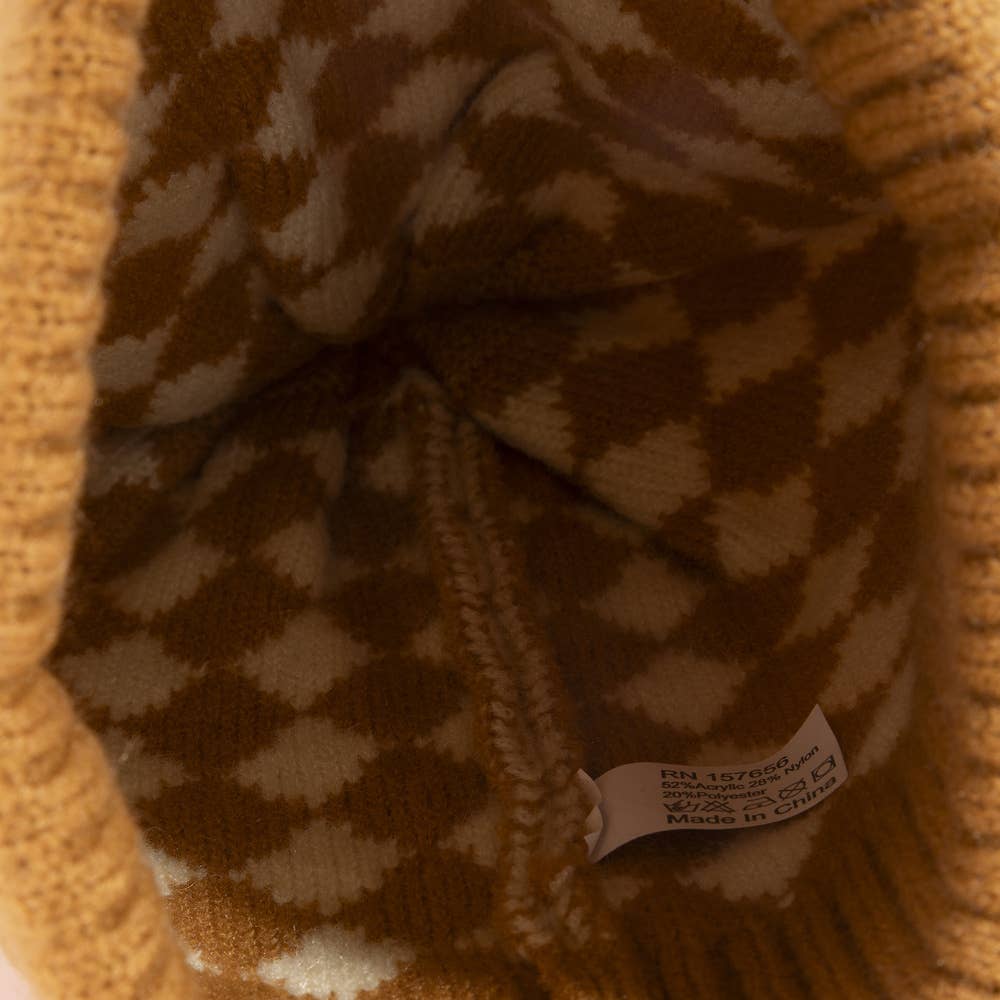 Checkerboard Print Pom Pom Knit Beanie Hat