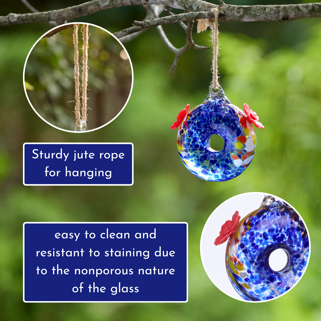 Round Blue Art Glass Double Hummingbird Feeder