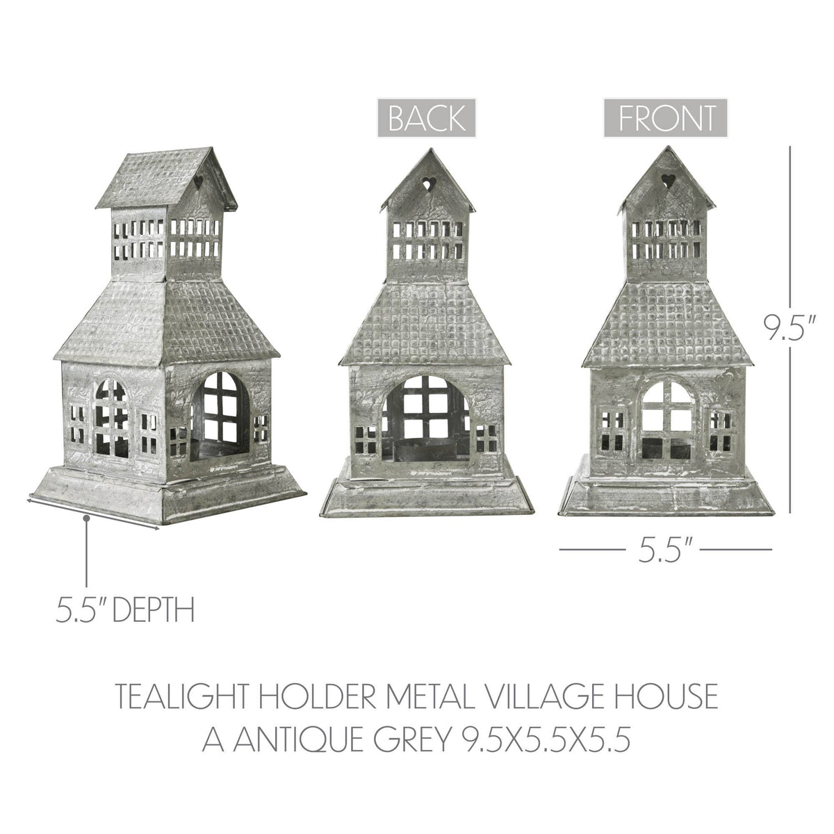 Metal Village House Tealight Holder Tall 9.5" Antique Grey