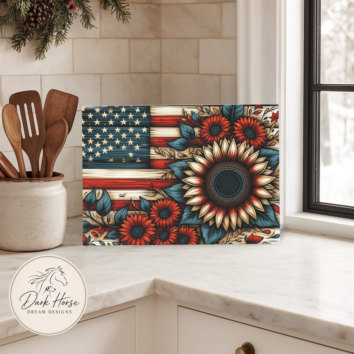American Flag - Rustic Patriotic Sunflower Cutting Board