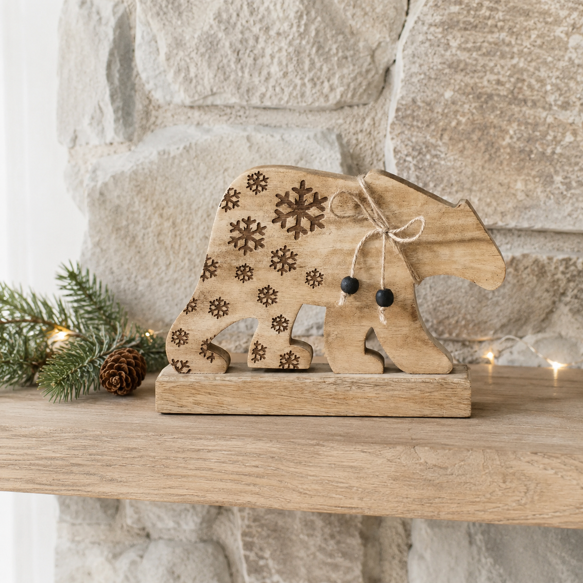 Natural Wooden Snowflake Bear 7x10x2