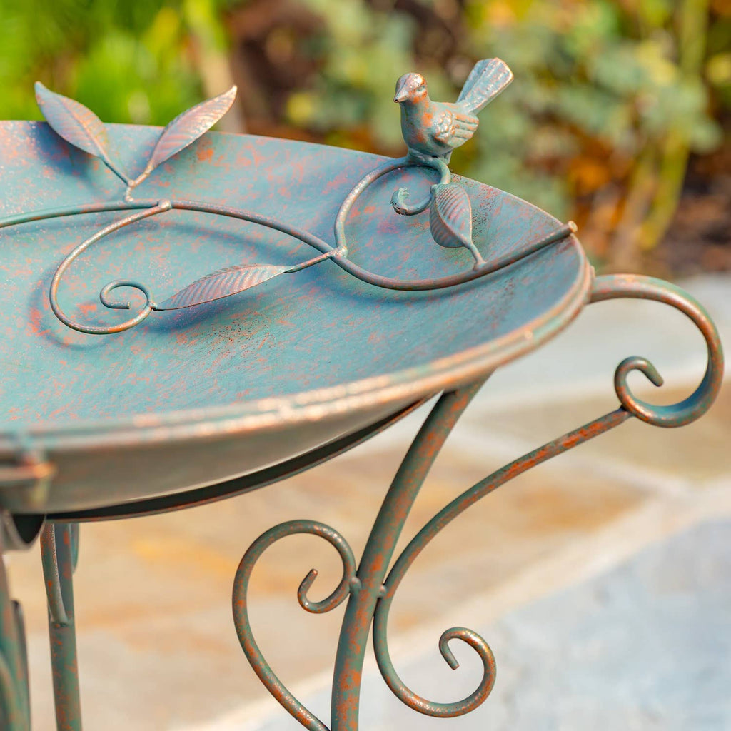“Rome 1945” 23" Tall Iron Birdbath with Porcelain Accent: Cobalt Blue