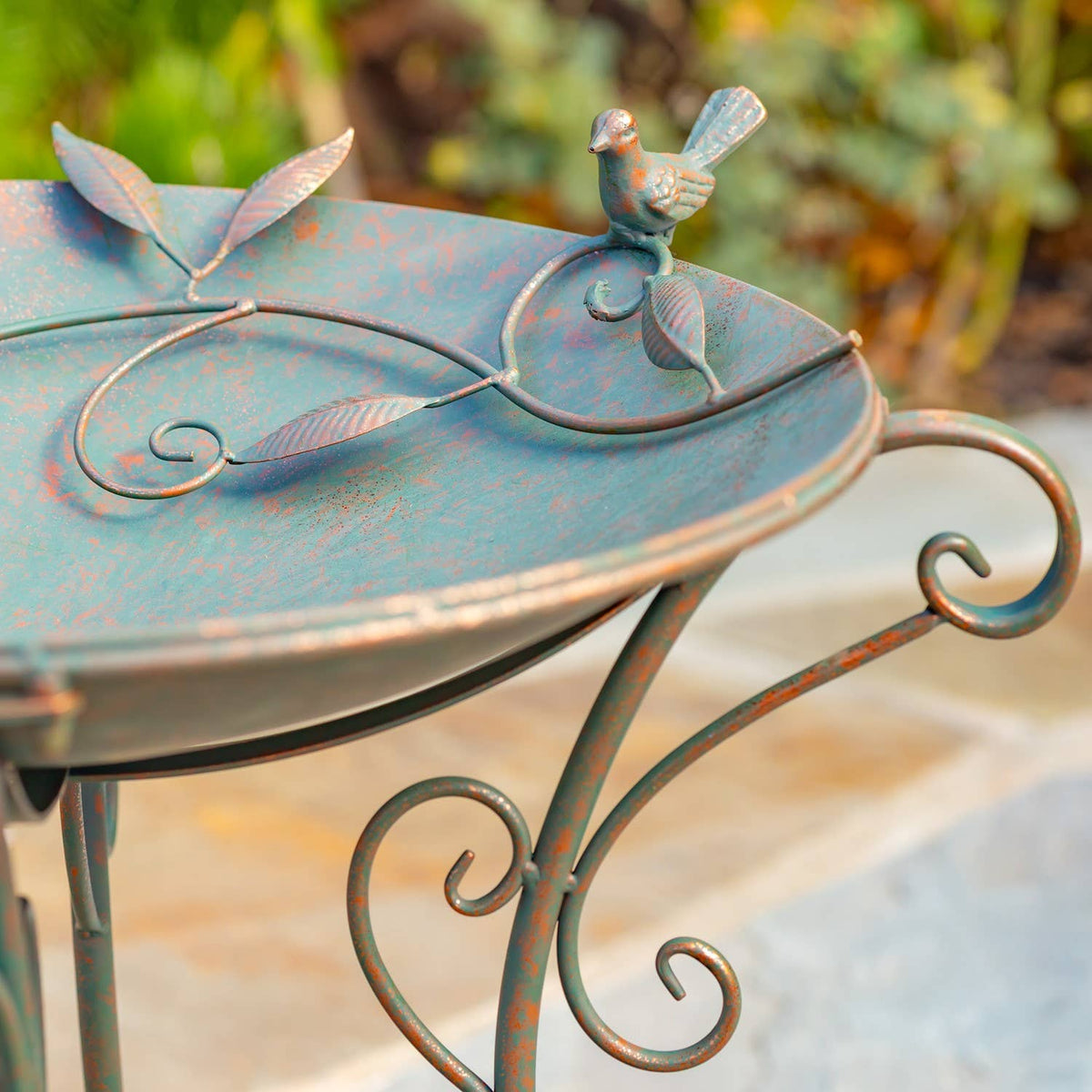 “Rome 1945” 23" Tall Iron Birdbath with Porcelain Accent: Cobalt Blue