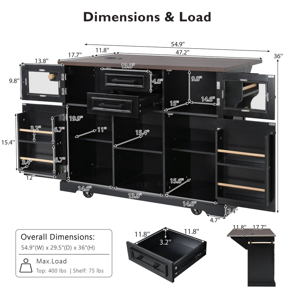 54.9" Kitchen Island with Drop Leaf, Power Outlet, 4 Doors: Default