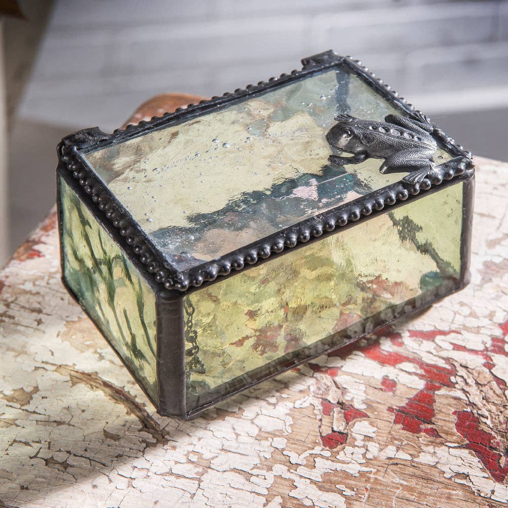 Green Glass Jewelry Box with Frog Filigree on Hinged Lid - Copper State Home + Iron