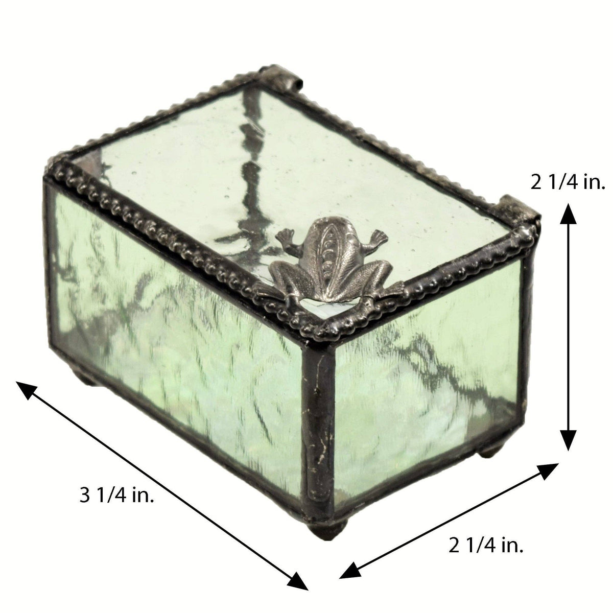 Green Glass Jewelry Box with Frog Filigree on Hinged Lid - Copper State Home + Iron