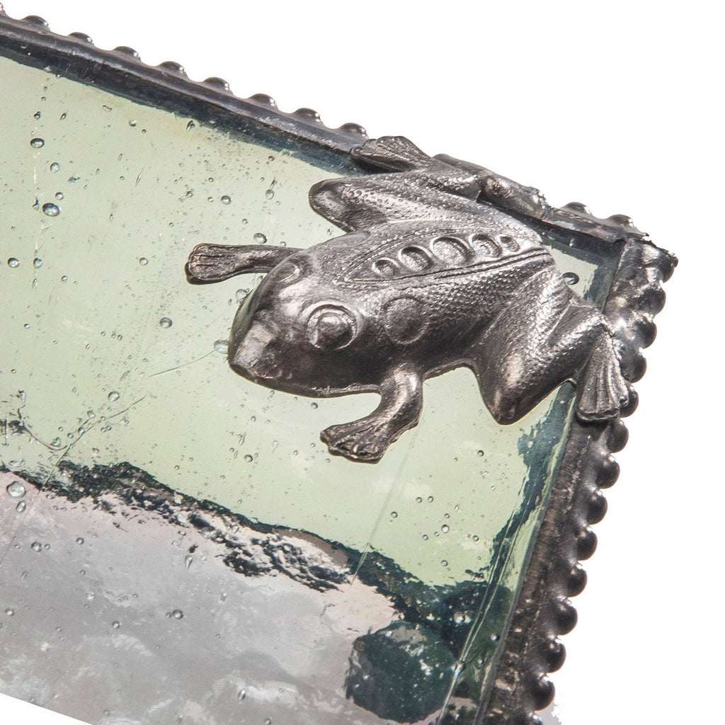 Green Glass Jewelry Box with Frog Filigree on Hinged Lid - Copper State Home + Iron