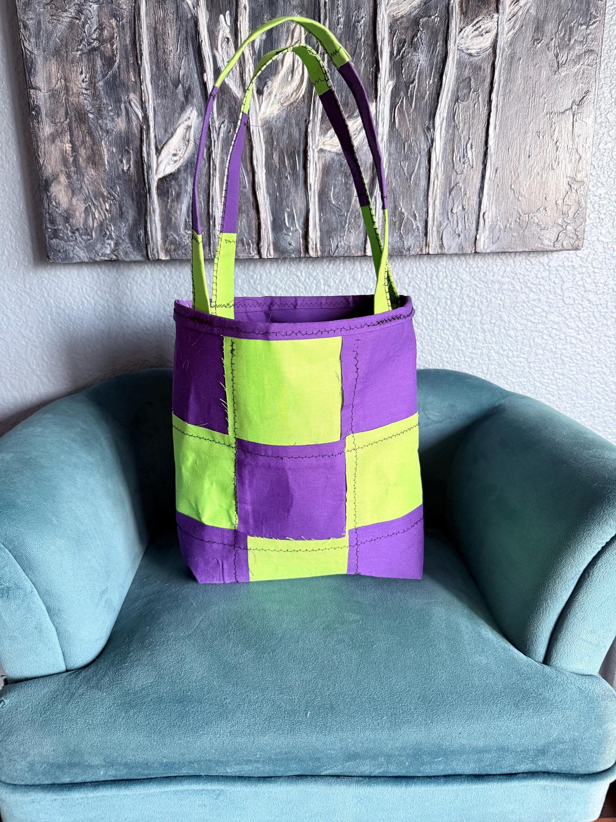 Handmade Purple Lime Checkerboard Tote Bag | Cotton Shoulder Bag, Everyday Use
