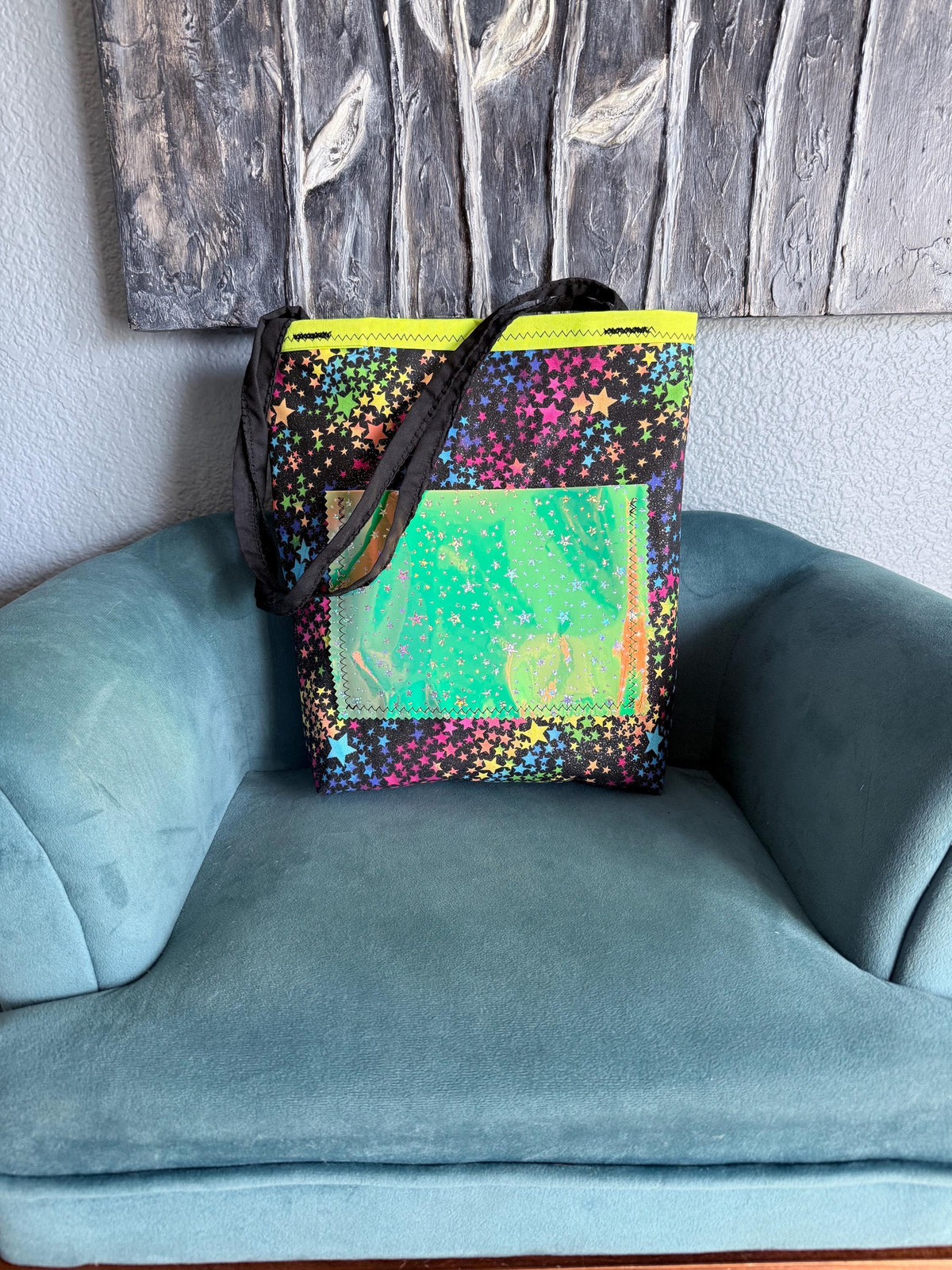 Handmade Neon Star Tote Bag | Holographic Pocket Tote | Colorful Shoulder Bag | Large Everyday Bag | Unique Gift for Her