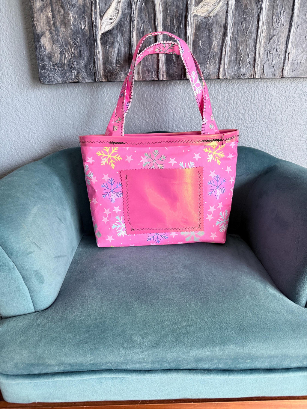 Pink Snowflake Mini Tote Bag | Holographic Pocket, Handmade Holiday Accessory