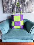 Handmade Purple Lime Checkerboard Tote Bag | Cotton Shoulder Bag, Everyday Use