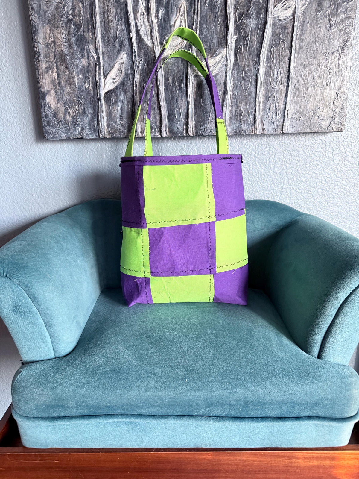 Handmade Purple Lime Checkerboard Tote Bag | Cotton Shoulder Bag, Everyday Use