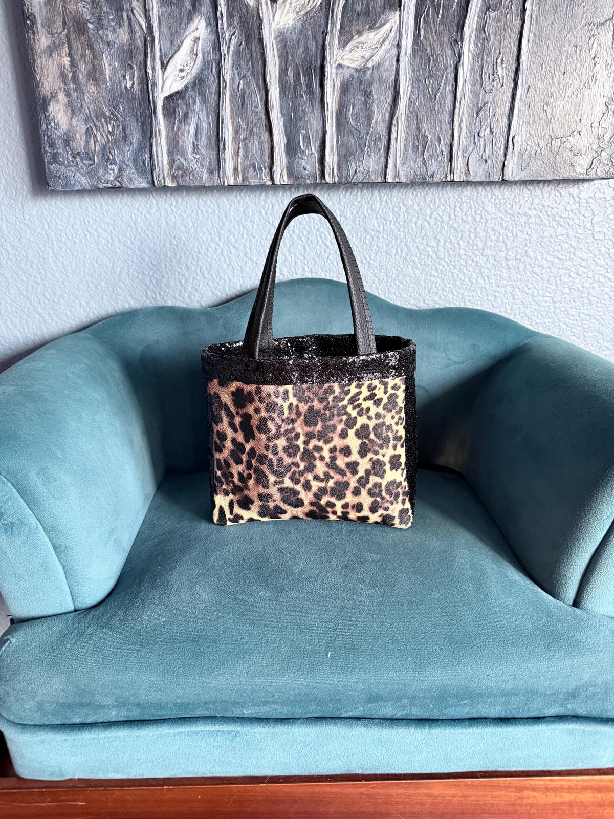 Handmade Leopard Print Mini Tote Bag | Faux Leather Purse with Red Heart Lining