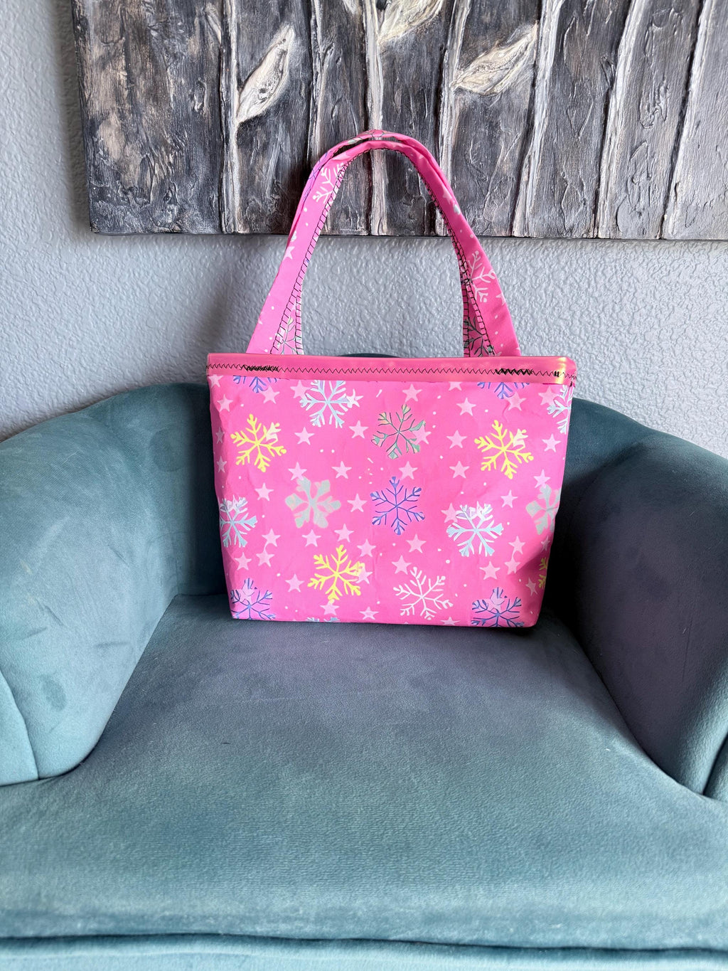 Pink Snowflake Mini Tote Bag | Holographic Pocket, Handmade Holiday Accessory