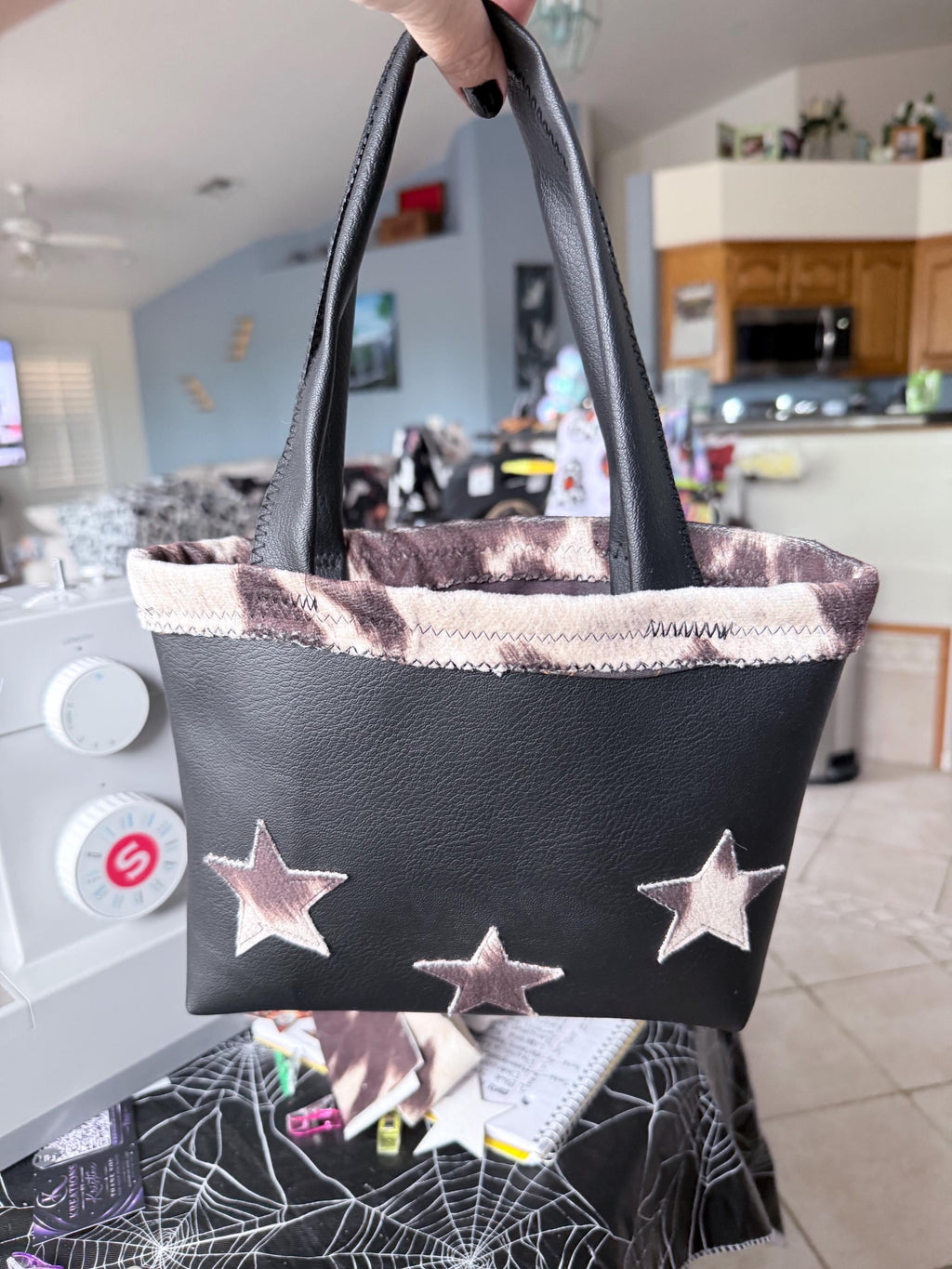 Handmade Black Faux Leather Tote Bag – Celestial Star Purse